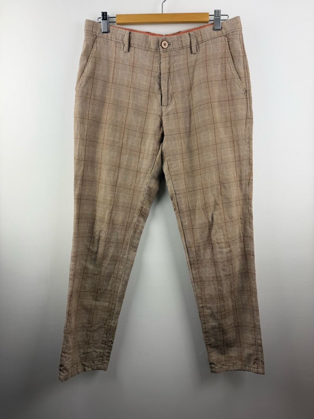 Massimo Dutti Slim Fit Linen Cotton Plaid Trousers Men 31